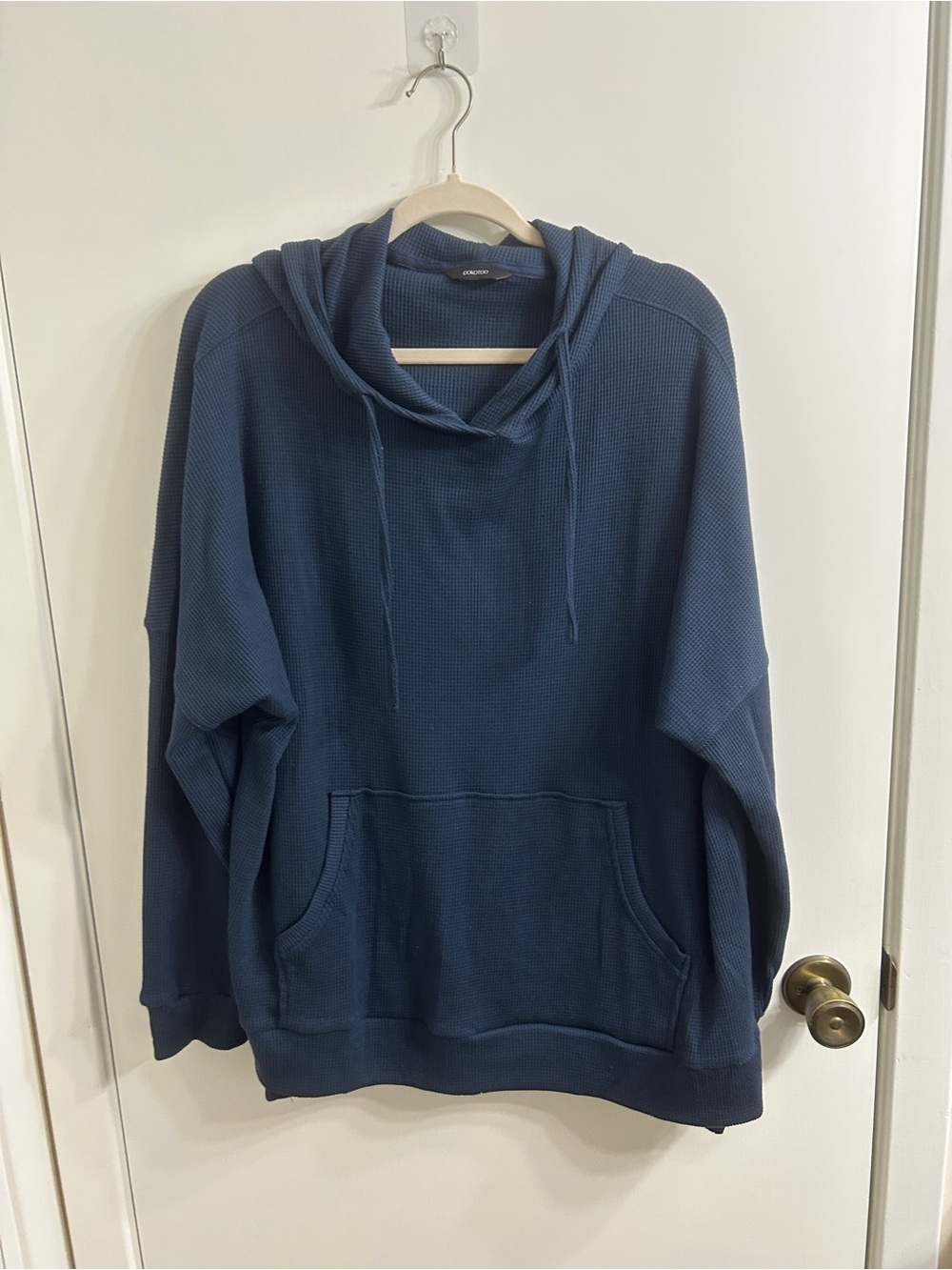 Women’s Blue Hooded Waffle Knit Pullover